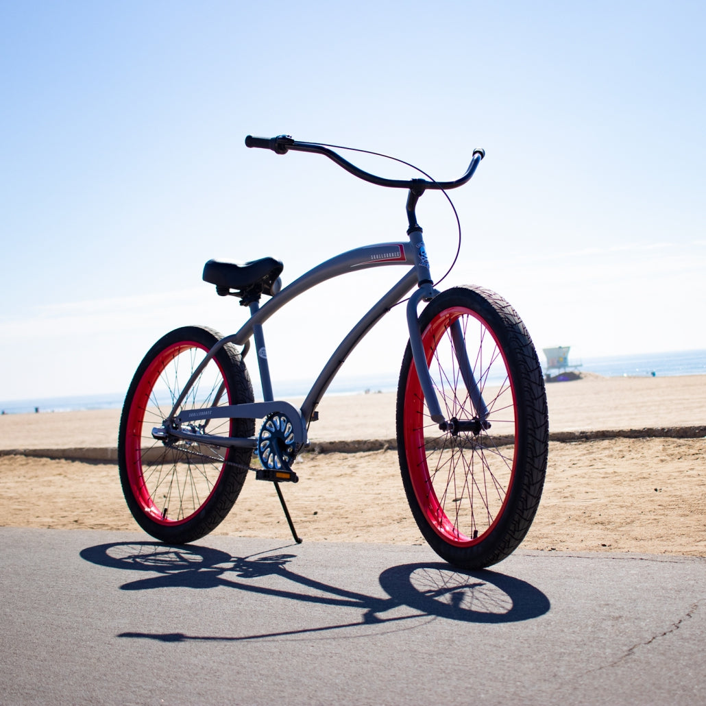 SKULLXBONES Men's 3-Speed Beach Cruiser - Grey and Red - Huntington Beach Bicycle Company