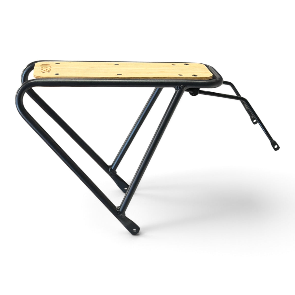 HBBC E-Cruiser rear rack with black frame and natural-finish deck, side view