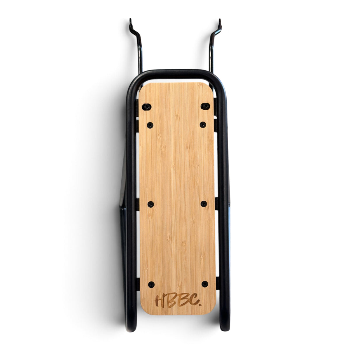 Top view of HBBC E-Cruiser rear rack showing natural-finish deck and HBBC logo