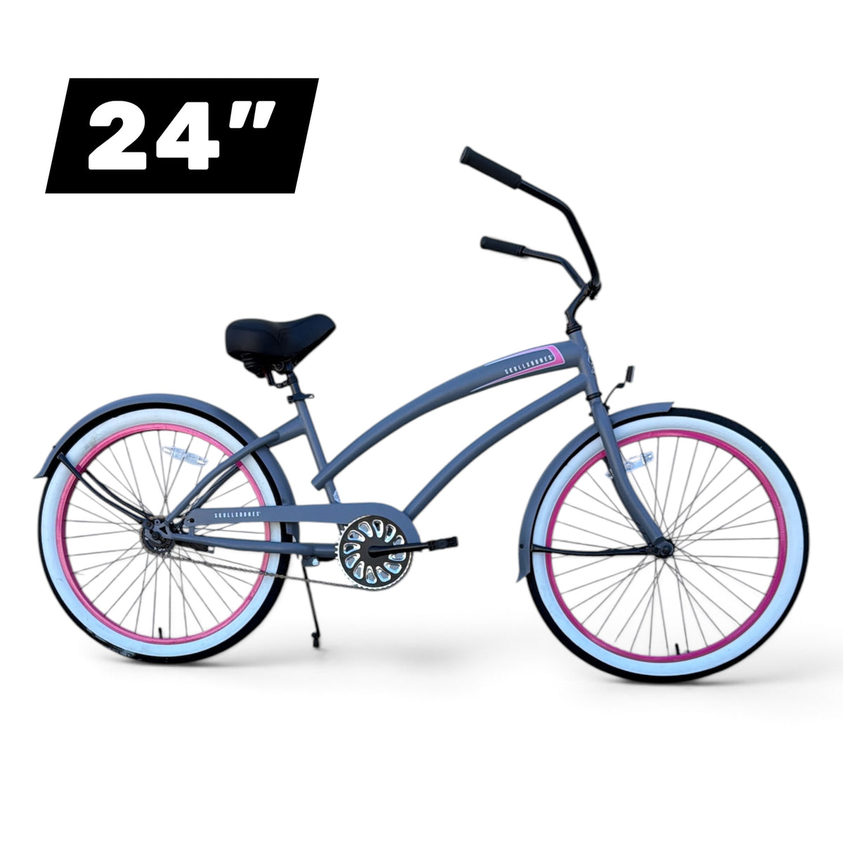 SKULLXBONES 24-inch women's beach cruiser in flat grey with pink wheel accents