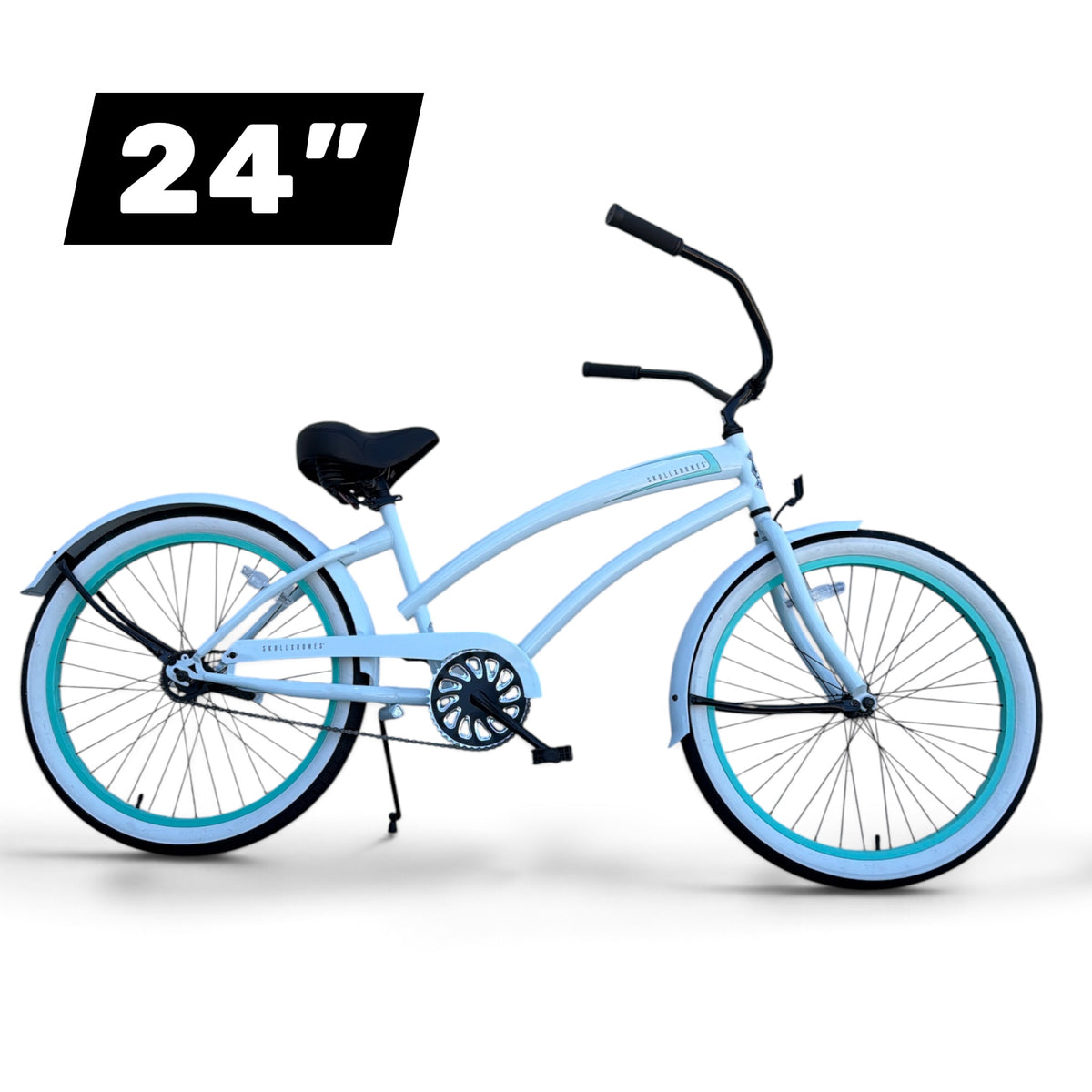SKULLXBONES 24-inch women's beach cruiser in white with mint wheel accents