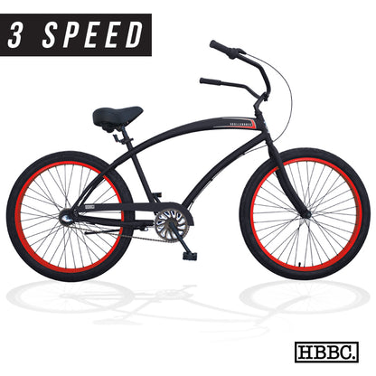 SKULLXBONES Men's Beach Cruiser 3 Speed - FLAT BLACK/RED