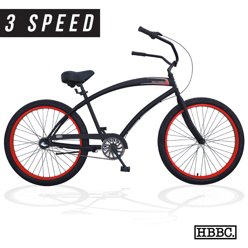 SKULLXBONES Men's Beach Cruiser 3 Speed - FLAT BLACK/RED