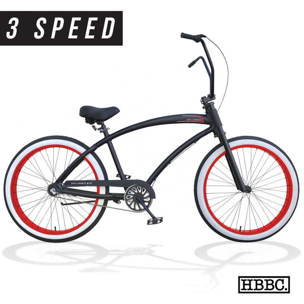 SKULLXBONES Wide Series Beach Cruiser - 3spd - FLAT BLACK/RED