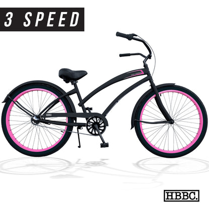 SKULLXBONES Women's Beach Cruiser 3 Speed - FLAT BLACK/PINK