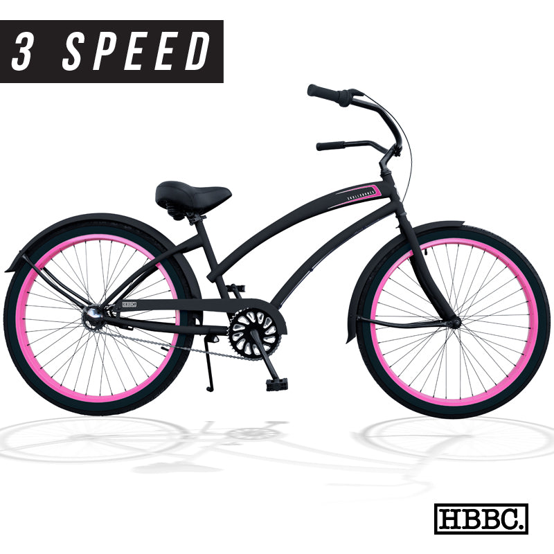 SKULLXBONES Women's Beach Cruiser 3 Speed - FLAT BLACK/PINK