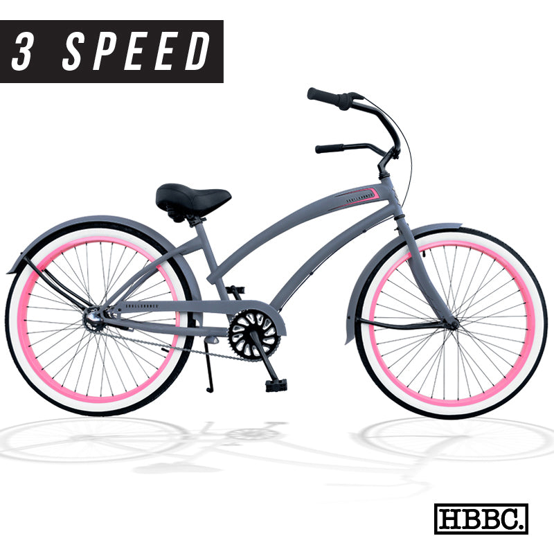 SKULLXBONES Women's Beach Cruiser 3 Speed - FLAT GREY/PINK